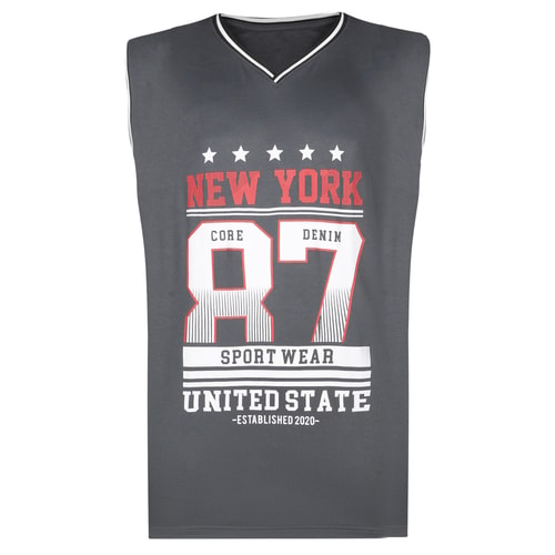 Charcoal sleeveless basketball shirt with New York 87 print.