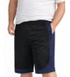 Thumbnail Black and navy gym shorts worn with hand in pocket.