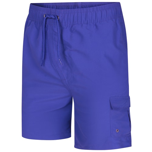 Cobalt cargo swim shorts, angled front flat view.