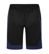 Thumbnail Black gym shorts with navy side and hem panels, front view.