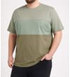 Thumbnail Model wearing sage and olive colour block t-shirt.
