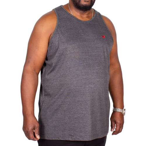 Charcoal tank top angled front view with red chest logo.