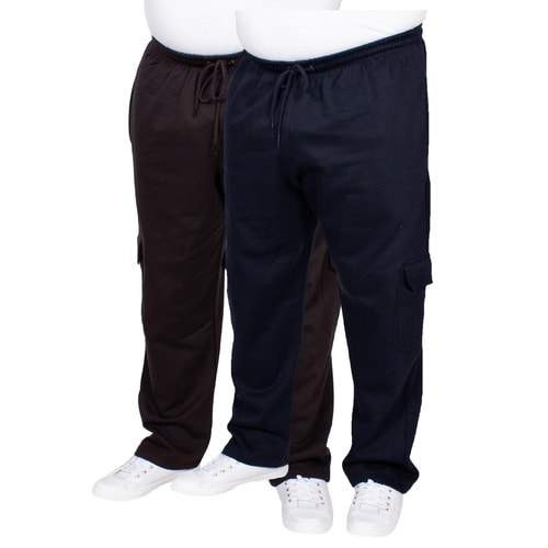Black and navy cargo sweatpants shown together, front view.