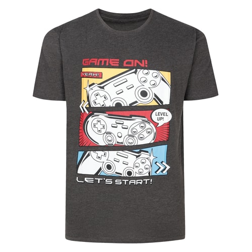 Charcoal marl T-shirt with colourful game controller print.