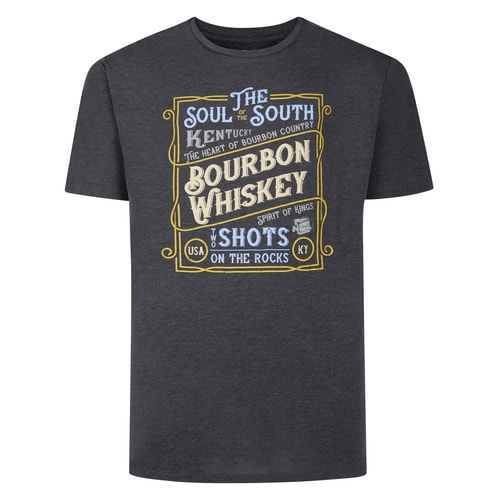 Charcoal tall T-shirt with bourbon whiskey front print.