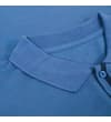 Thumbnail Dusty blue polo shirt collar and top placket close-up.