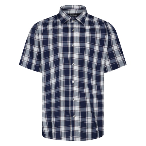 Front view of navy short sleeve check button-up shirt.