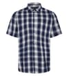 Front view of navy short sleeve check button-up shirt.