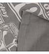Thumbnail Grey T-shirt sleeve hem and front print close-up.