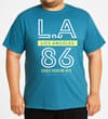 Thumbnail Petrol crew neck T-shirt with large LA 86 front print on model.