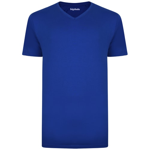 Royal blue tall V-neck T-shirt, front view.