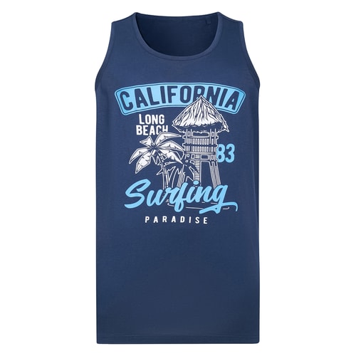 Front view of navy tank top with surfing graphic.