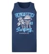Thumbnail Front view of navy tank top with surfing graphic.