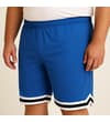 Thumbnail Model wearing royal blue performance shorts, front view.