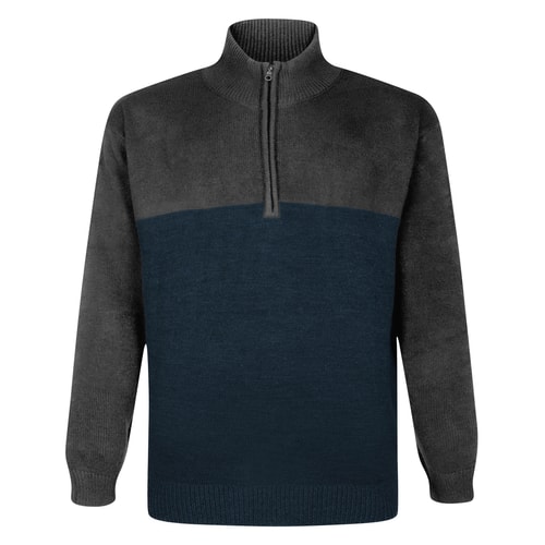 Front view of charcoal and navy half zip knitted jumper.