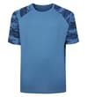 Thumbnail Blue raglan T-shirt with blue camo short sleeves, front view.