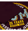 Thumbnail Close-up of burgundy sleeve over rum graphic print.