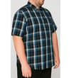 Thumbnail Black and blue check short sleeve shirt worn, side angle.