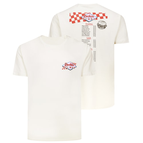 Front and back view of the cream Rockin Diner T-shirt.