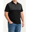 Thumbnail Model wearing black and grey colour block polo shirt.