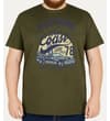 Thumbnail Model wearing khaki T-shirt with large West Coast graphic.
