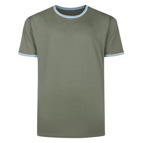 Sage green tall T-shirt with contrast trim, front view.