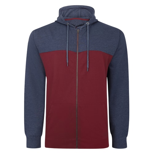 Front view of burgundy and navy colour block zipped hoody.