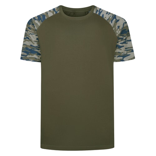 Khaki raglan T-shirt with blue and grey camo sleeves.