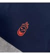 Thumbnail Close-up of orange flaming skull logo on navy chest panel.