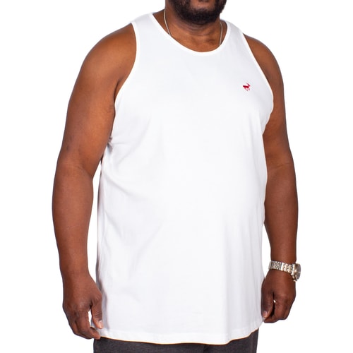 White tank top front view with small red chest logo.
