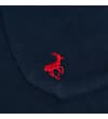 Thumbnail Close-up of navy cargo pocket with red embroidered logo.