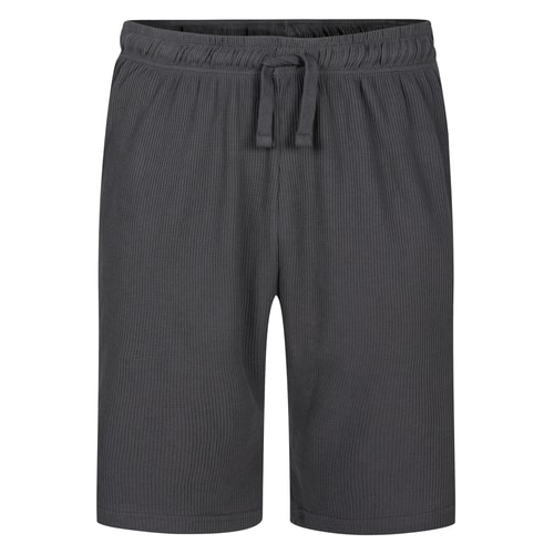 Charcoal waffle lounge shorts, front view.
