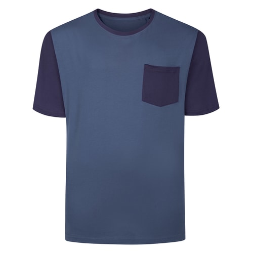 Front view of dusty blue T-shirt with navy pocket and sleeves.