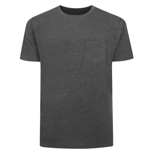 Charcoal crew neck T-shirt with chest pocket, front view.