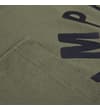 Thumbnail Close-up of dark khaki T-shirt hem and print detail.