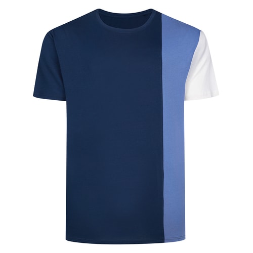 Front view of navy T-shirt with blue side panel.
