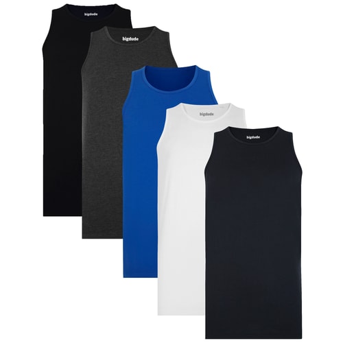 Five plain tank tops in black, charcoal, blue, white and navy.
