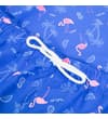Thumbnail Close-up of white drawstring on blue flamingo swim shorts.