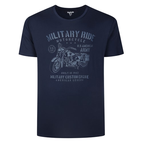 Navy tall T-shirt with motorcycle graphic front.