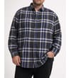Thumbnail Charcoal and blue check flannel overshirt, front view worn.