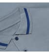Thumbnail Close-up of striped polo collar and blue button placket.