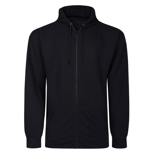Front view of navy zip-up hoody with drawstring hood.