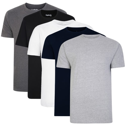 Five plain tall T-shirts grouped in grey, black, white, navy and grey marl.