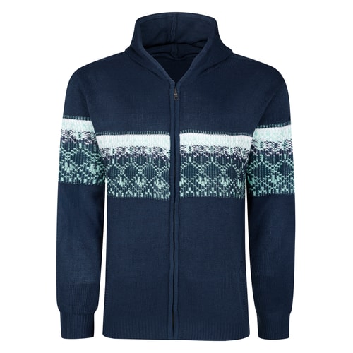 Navy full zip hoody with Fair Isle stripe, flat front view.