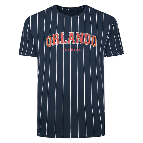Bigdude Orlando navy pin stripe T-shirt, flat front view.
