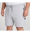 Thumbnail Grey utility fleece shorts worn, front view with drawstring waist.