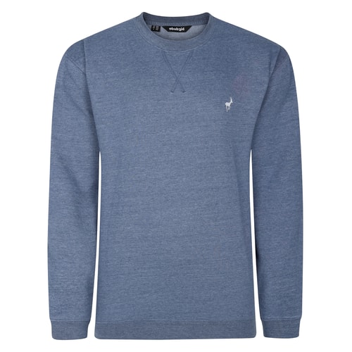 Dark denim crew neck sweatshirt, front flat lay.
