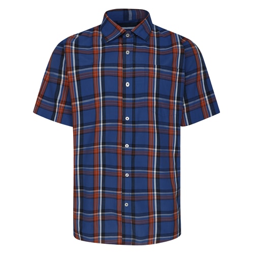 Blue short sleeve check shirt, front view.