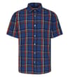 Blue short sleeve check shirt, front view.