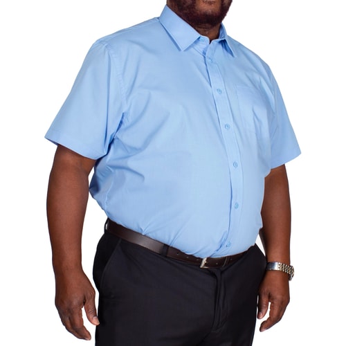 Light blue short sleeve shirt worn, side front view.
